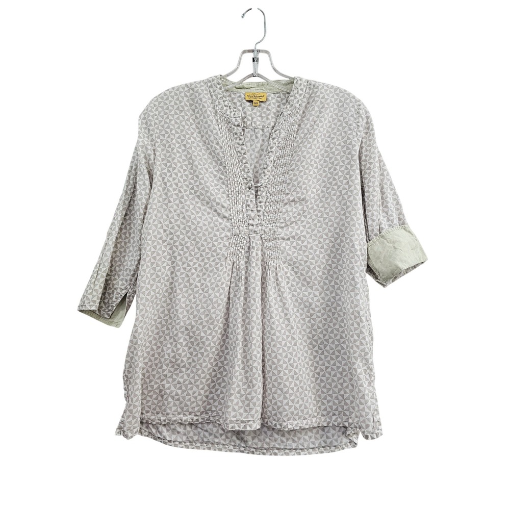 Roberta Roller Rabbit Tunic Top Womens XS Tan Geometric Cotton Pintuck V-Neck